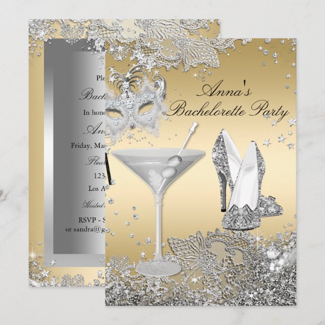 Convite Festa de solteira de rendas de máscara Dourada de  (Frente/Verso)