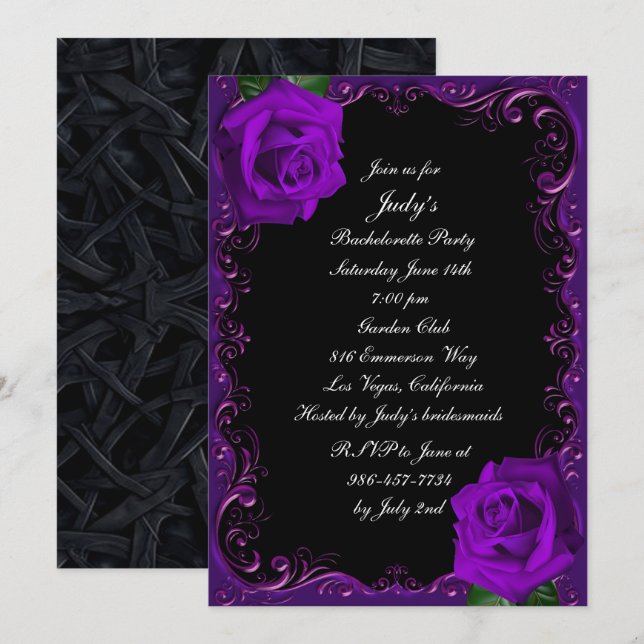 Convite Festa de Solteira de Rosas Roxas Elegantes Goth (Frente/Verso)