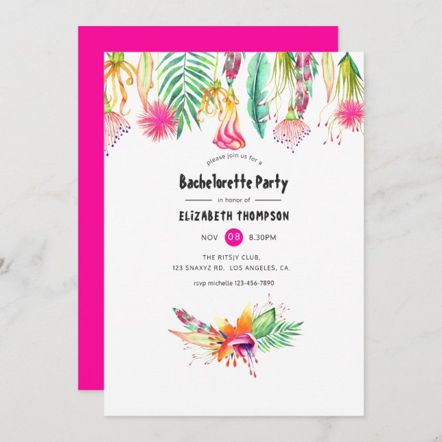 Convite Festa de solteira de Verão Tropical Floral Quente (Frente/Verso)
