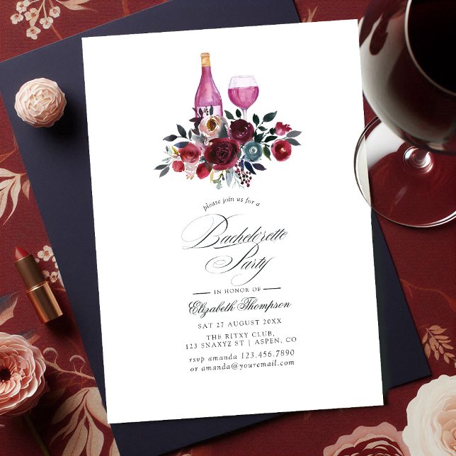 Convite Festa de solteira de vinho borgonha e Marinho (Burgundy and Navy Floral Wine Bachelorette Party Invitation)
