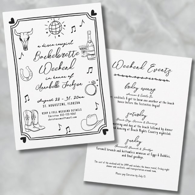 Convite Festa de solteira Desenhada Da Mão Da Cowgirl Da D (Disco Cowgirl Hand Drawn Bachelorette Party Invitation)