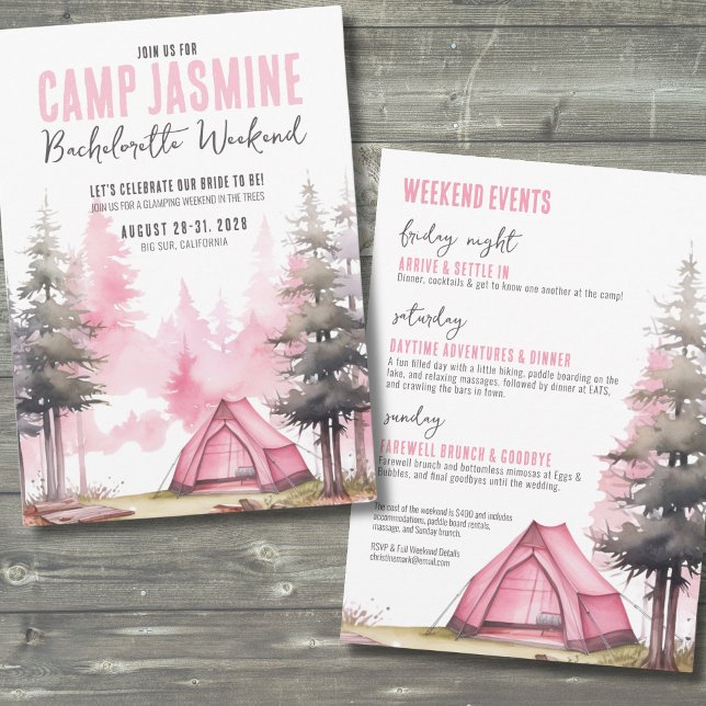 Convite Festa de solteira do Fim de Semana do Acampamento (Pink Girls Weekend Camp Bachelorette Party Invitation)