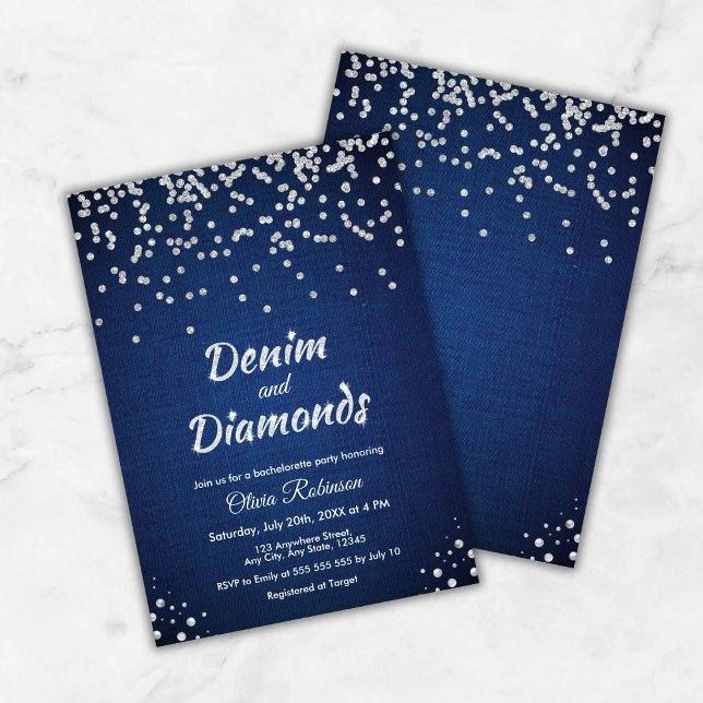 Convite Festa de solteira Elegante de Azul Denim e Diamant (Blue Denim and Diamonds Elegant Bachelorette Party Invitation )