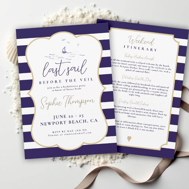 Convite Festa de solteira Elegante de Última Vela Náutica (nauti nautical bachelorette party invitation coastal beach yacht boat sailing stripes elegant)