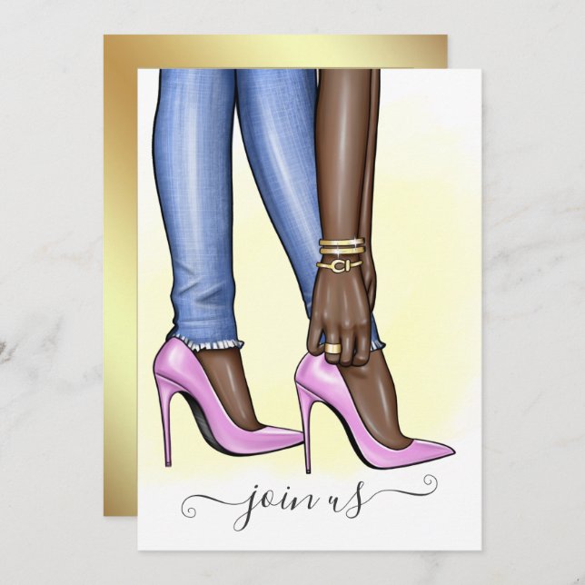 Convite Festa de solteira fashionista rosa e Dourada (Frente/Verso)