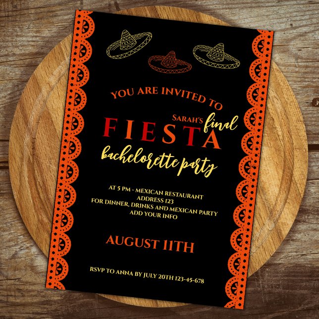 Convite Festa de solteira final Fiesta mexicana (final fiesta bachelorette party weekend itinerary invitation red and orange sombreros mexican themed)