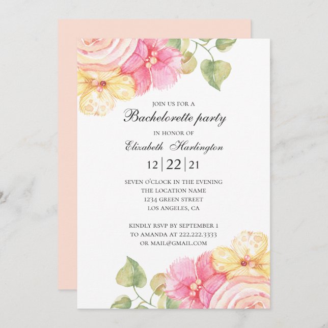 Convite Festa de solteira floral de aquarelas. Flores rosa (Frente/Verso)