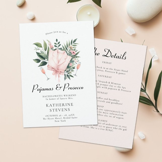 Convite Festa de solteira Folha de Pijamas Prosecco Itiner (pajamas prosecco bachelorette itinerary invitation champagne greenery lingerie pj elegant classy )