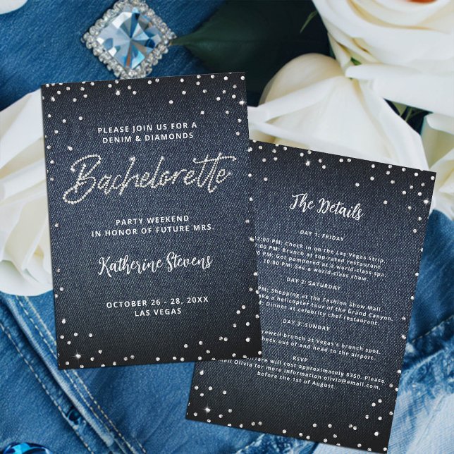 Convite Festa de solteira Itinerária de Ouros de Denim (denim and diamonds bachelorette invitation itinerary glitter bling glitz glam blue white classy)