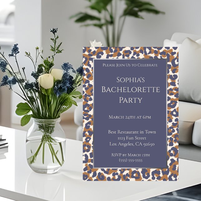 Convite Festa de solteira-Leopardo-Padrão-Azul e Castanho- (Bachelorette Party-Leopard Print-Blue and Brown- Invitation)