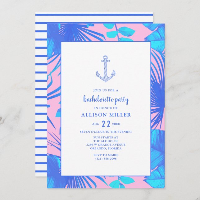 Convite Festa de solteira Náutica Rosa e Azul (Frente/Verso)