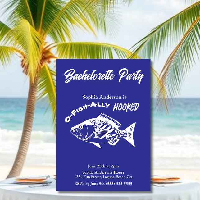 Convite Festa de solteira "O-fish-ally Hooke" azul (Bachelorette Party O-fish-ally Hooked Fisherman Core Hawaiian Fish islander Bachelorette Invitations)