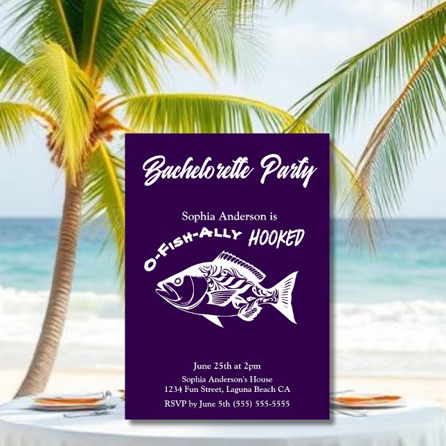 Convite Festa de solteira "O-fish-ally Hooke" Roxo (Bachelorette Party O-fish-ally Hooked Fisherman Core Hawaiian Fish islander Bachelorette Invitations)