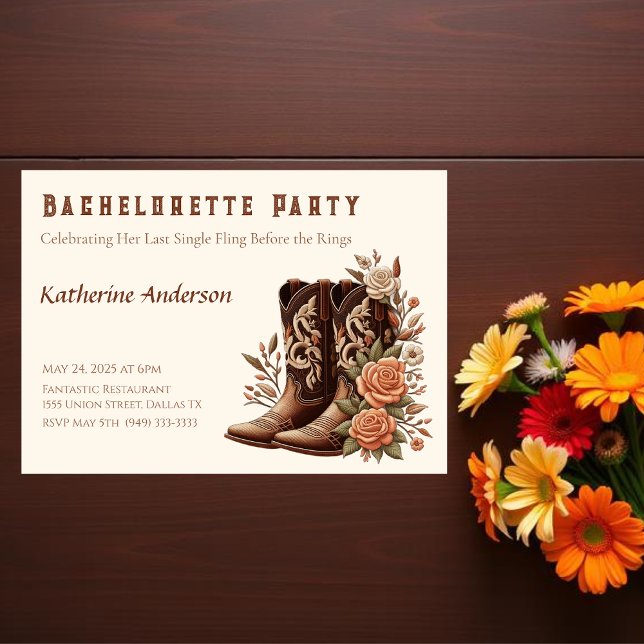 Convite Festa de solteira Ocidental do País (Country Western-Flowers with Cowboy Boots-Bachelorette Party Invitation)