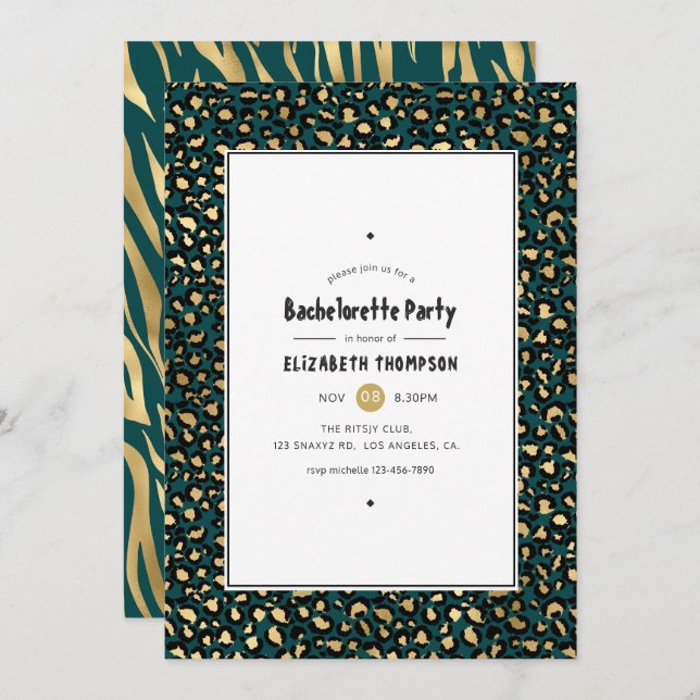 Convite Festa de solteira para impressão de animais Dourad (Frente/Verso)