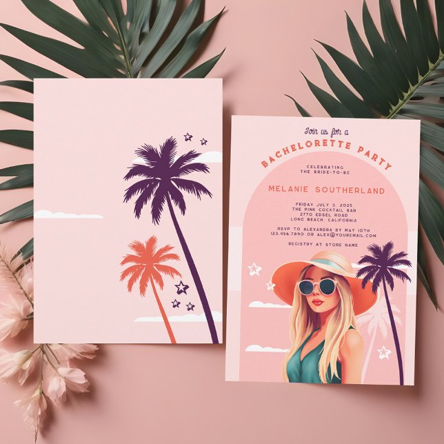 Convite Festa de solteira Retro Rosa Girly Beach (Retro Pink Girly Beach Bachelorette Party Invitation)
