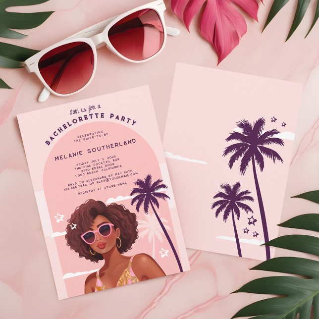 Convite Festa de solteira Retro Rosa Girly Beach (Retro Pink Girly Beach Bachelorette Party Invitation)