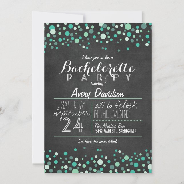 Convite Festa de solteira Teal Green Confetti Chalkboard (Frente)