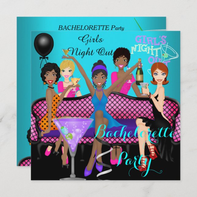 Convite Festa de solteira Teal Pink Diversão Girls Cocktai (Frente/Verso)