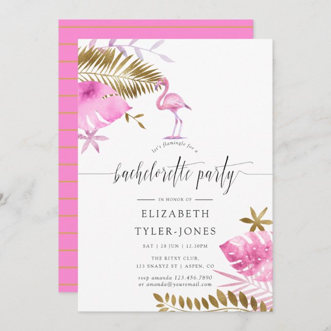 Convite Festa de solteira Tropical Flamingo, rosa e Dourad (Frente/Verso)