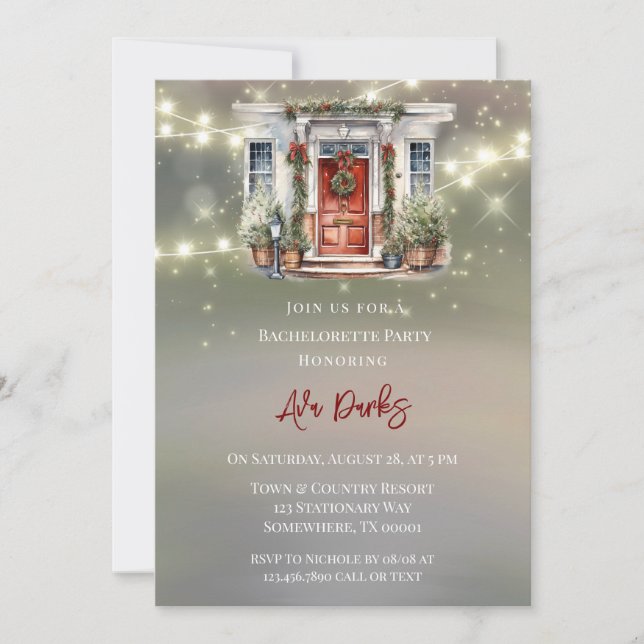 Convite Festa de solteira verde de porta de decor vermelha (Frente)