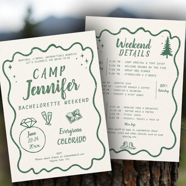 Convite Festa de solteira Verde de Quadro Desenhado à Mão (camp bachelorette invitation handwriting hand written camping glamping hiking itinerary bach)
