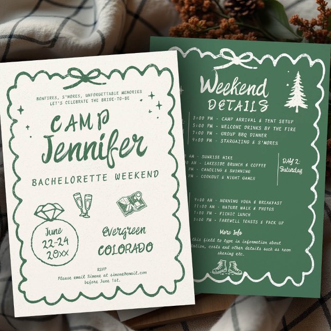 Convite Festa de solteira Verde Desenhada à Mão de Acampam (camp bachelorette invitation handwriting hand written camping glamping hiking itinerary bach bow)