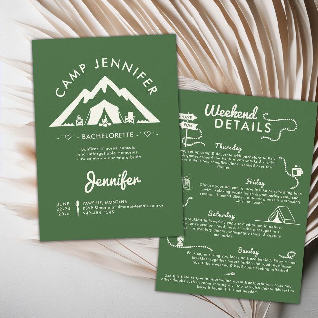 Convite Festa de solteira Verde do Acampamento Glamp (camping bachelorette weekend trip itinerary modern minimalist camp bride bridesmaids mountain forest)