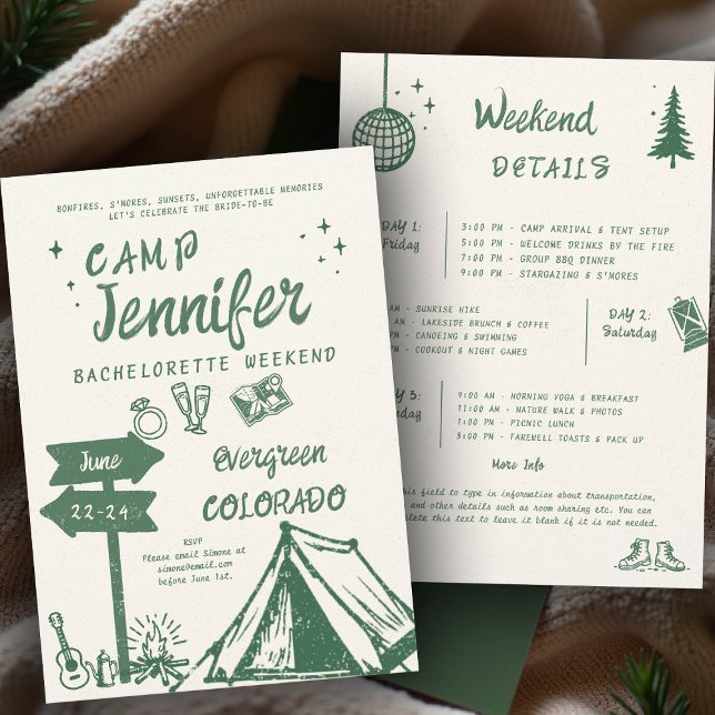 Convite Festa de solteira Verde do Campo Escrito à Mão (camp bachelorette invitation handwriting hand written itinerary camping glamping hiking nature bach)