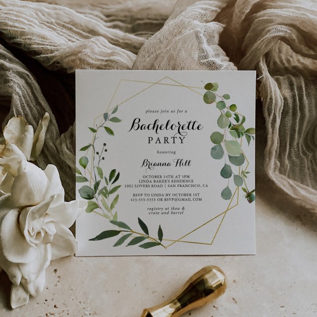 Convite Festa de solteira verde tropical Dourada geométric (Criador carregado)