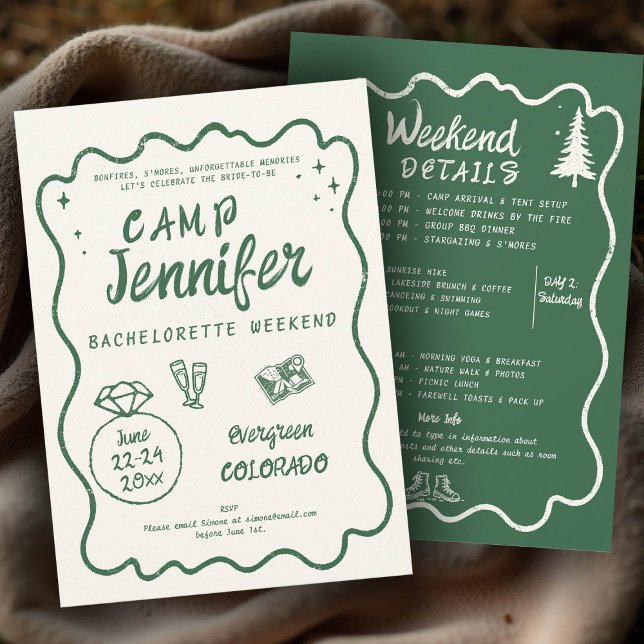 Convite Festa de solteira Verde Verde Desenhada à Mão de A (camp bachelorette invitation handwriting hand written camping glamping hiking itinerary bach green)