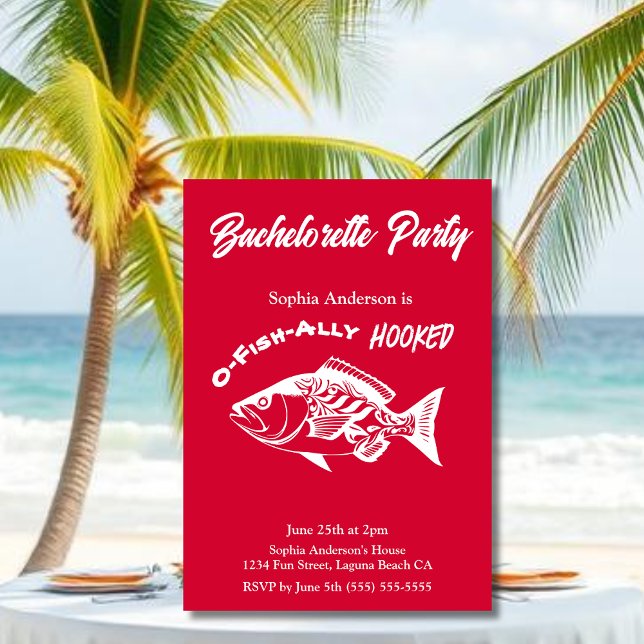 Convite Festa de solteira Vermelho de cereja "O-fish-ally  (Bachelorette Party O-fish-ally Hooked Fisherman Core Hawaiian Fish islander Bachelorette Invitations)