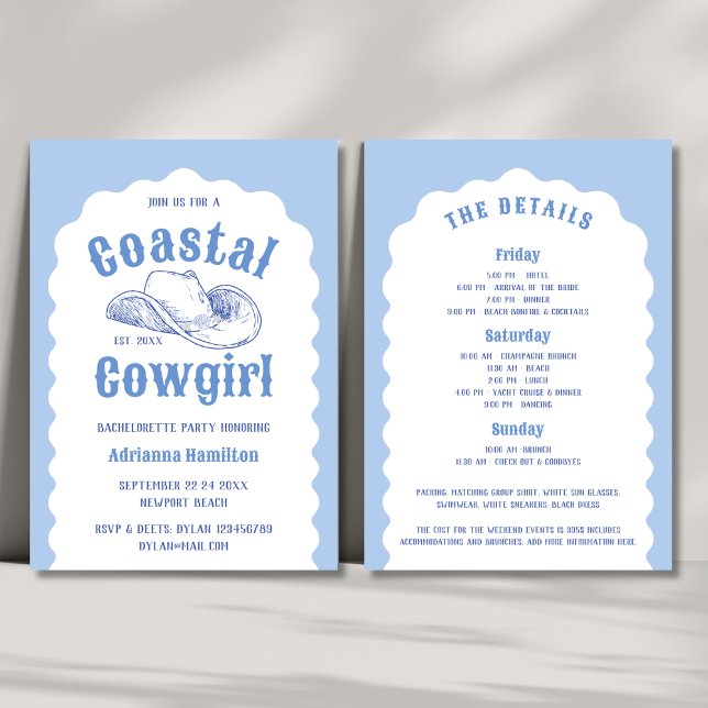 Convite Festa de solteira Wavy Praia de Cowgirl Costeira (Coastal Cowgirl Beach Wavy Bachelorette Party Invitation)