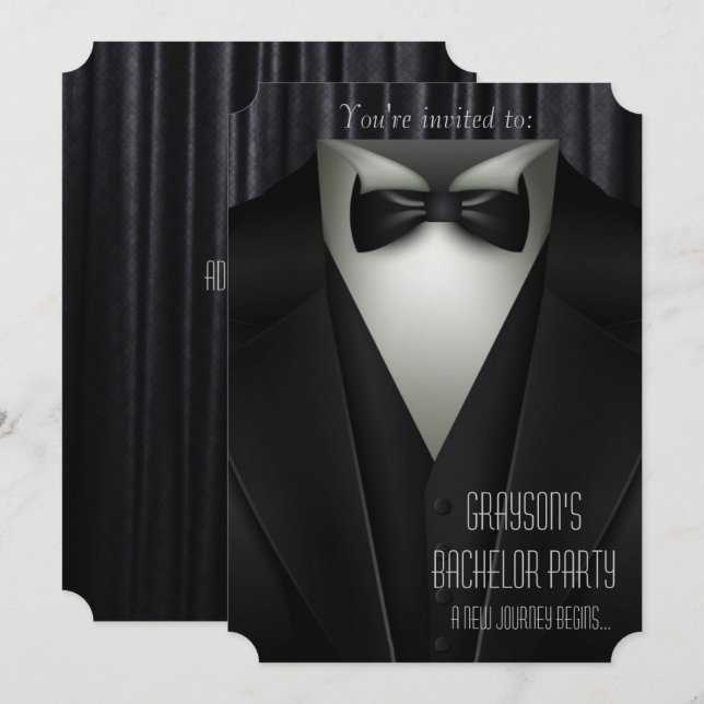 Convite Festa de Solteirão de Smoking Formal Elegante (Frente/Verso)