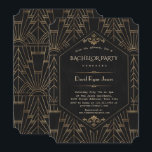 Convite Festa de Solteirão Royal Gold Black Great Gatsby a<br><div class="desc">Cartão de casamento Royal Gold Black Great Gatsby. Design de cartão real, romântico e vintage com estilo art déco Great Gatsby, um velho Hollywood dos anos 20 rugindo, com sobreposição de Fleur-de-lis em folha de ouro falso, divisor e fontes lindas, em um fundo texturizado preto. Use a ferramenta Personalizar para...</div>