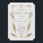 Convite Festa de Solteiro Monograma Art Déco Branco Dourad<br><div class="desc">Convite de Solteiro Monograma Art Déco Branco Dourado Royal. Glamour Único, design de cartão vintage com uma forma art déco dourada falsa com um brasão para suas iniciais, Fleur-de-lis dourada falsa como uma herança real, um Roaring 1920's Great Gatsby, estilo velho Hollywood, fontes lindas em um fundo preto. Use a...</div>