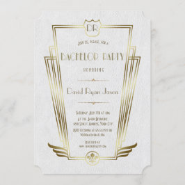 Convite Festa de Solteiro Monograma Art Déco Branco Dourad