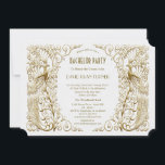 Convite Festa de Solteiro Pavões Art Déco Glam Branco Dour<br><div class="desc">Desenho elegante com uma mistura de pavões art déco em falso dourado estilo antigo e uma abordagem gráfica moderna e ousada,  em um fundo branco texturizado. Use a ferramenta Personalizar para adicionar suas informações. Para itens correspondentes,  visite,  por favor,  minha Coleção de Pavões Art Déco Branco Dourado.</div>