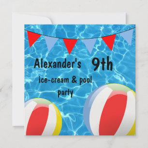Convite Festa de Sorvete & Piscina de 9 anos para Menino