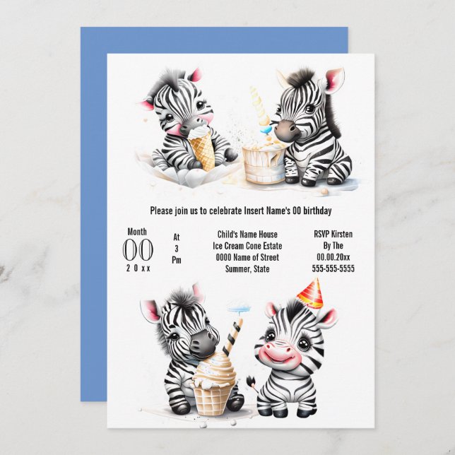 Convite Festa de sorvete Safari zebra crianças festa de ve (Frente/Verso)