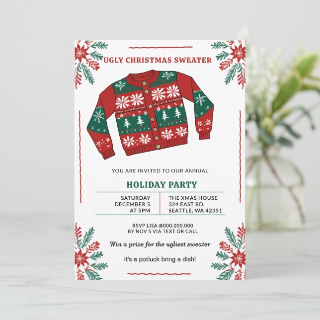 Convite Festa de Suéter de Natal Feio Vermelho Verde Engra (Em pé/Frente)