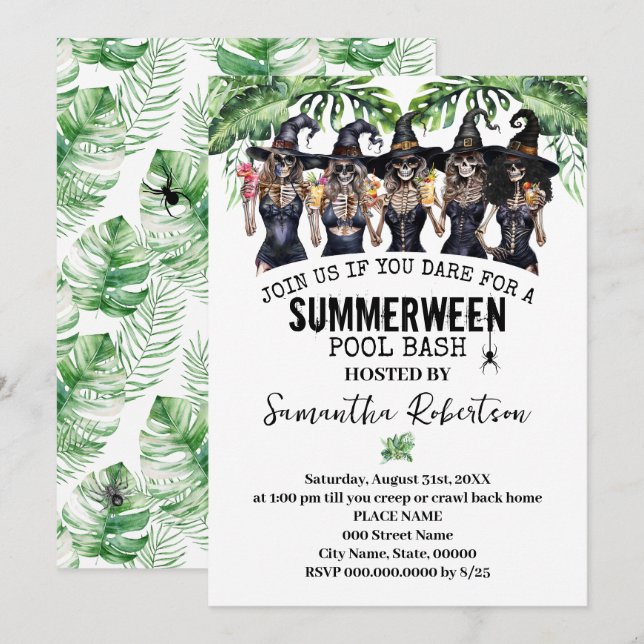 Convite Festa de Summerween Bruxas Garotas Festa na Piscin (Frente/Verso)
