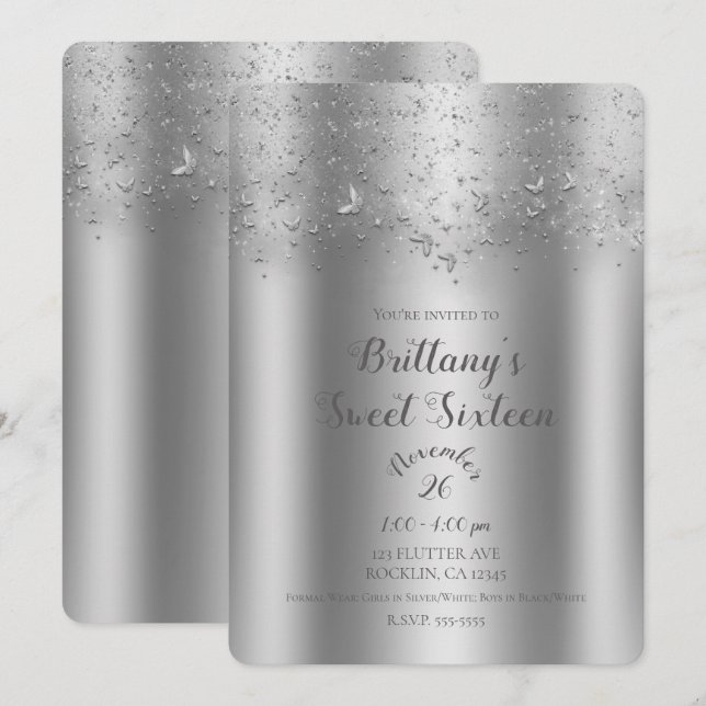 Convite Festa de Sweet 16 Borboleta Flutter Prata Brilho (Frente/Verso)