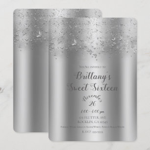 Convite Festa de Sweet 16 Borboleta Flutter Prata Brilho