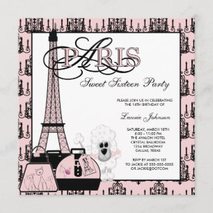 Convite Festa de Sweet Sixteen com Lustre Rosa Preto Paris