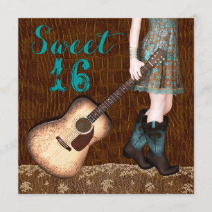 Convite Festa de Sweet Sixteen Cowgirl Azul Marrom e Verde