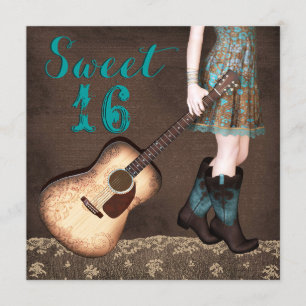 Convite Festa de Sweet Sixteen Cowgirl Azul Marrom e Verde