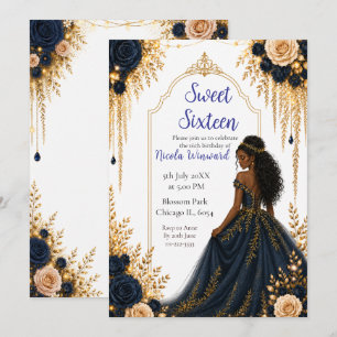 Convite Festa de Sweet Sixteen Floral Azul Marinho e Doura