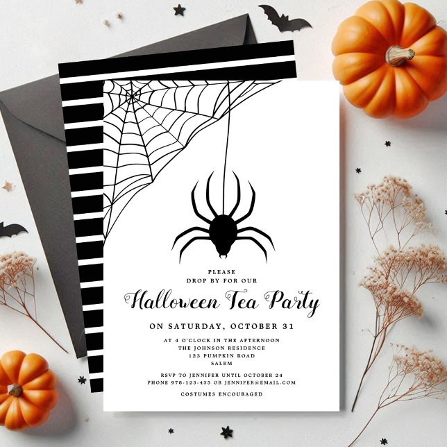 Convite Festa de Tea de Halloween, Aranha Negra Custa (Cute Black Spider Halloween Tea Party Invitation)