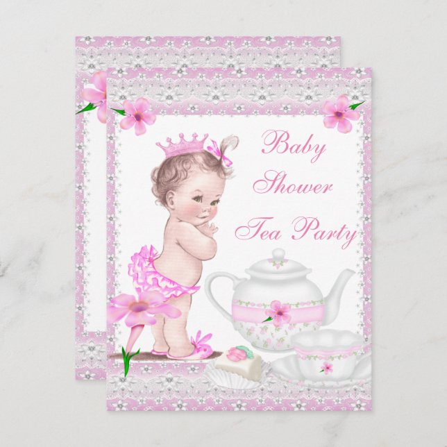 Convite Festa de Tea Rosa, Princesa Chá de fraldas, (Frente/Verso)